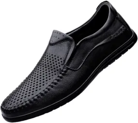 Breathable Slip-On Loafers for Men, Hollow Leather Dress Shoes, Casual Business Flats, Comfortable Outdoor Footwear for Men, Lightweight Slip-On Leather Shoes for Business and Casual Wear