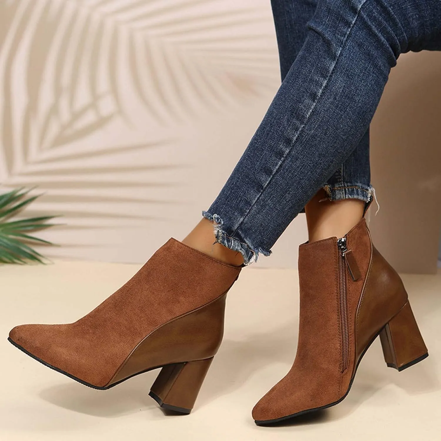 Chunky Boots for Women 2022 Fashion Pointed Toe Suede Patchwork Side Zipper Block High Heel Ankle Booties Fall Winter Casual Outdoor Ladies Shoes