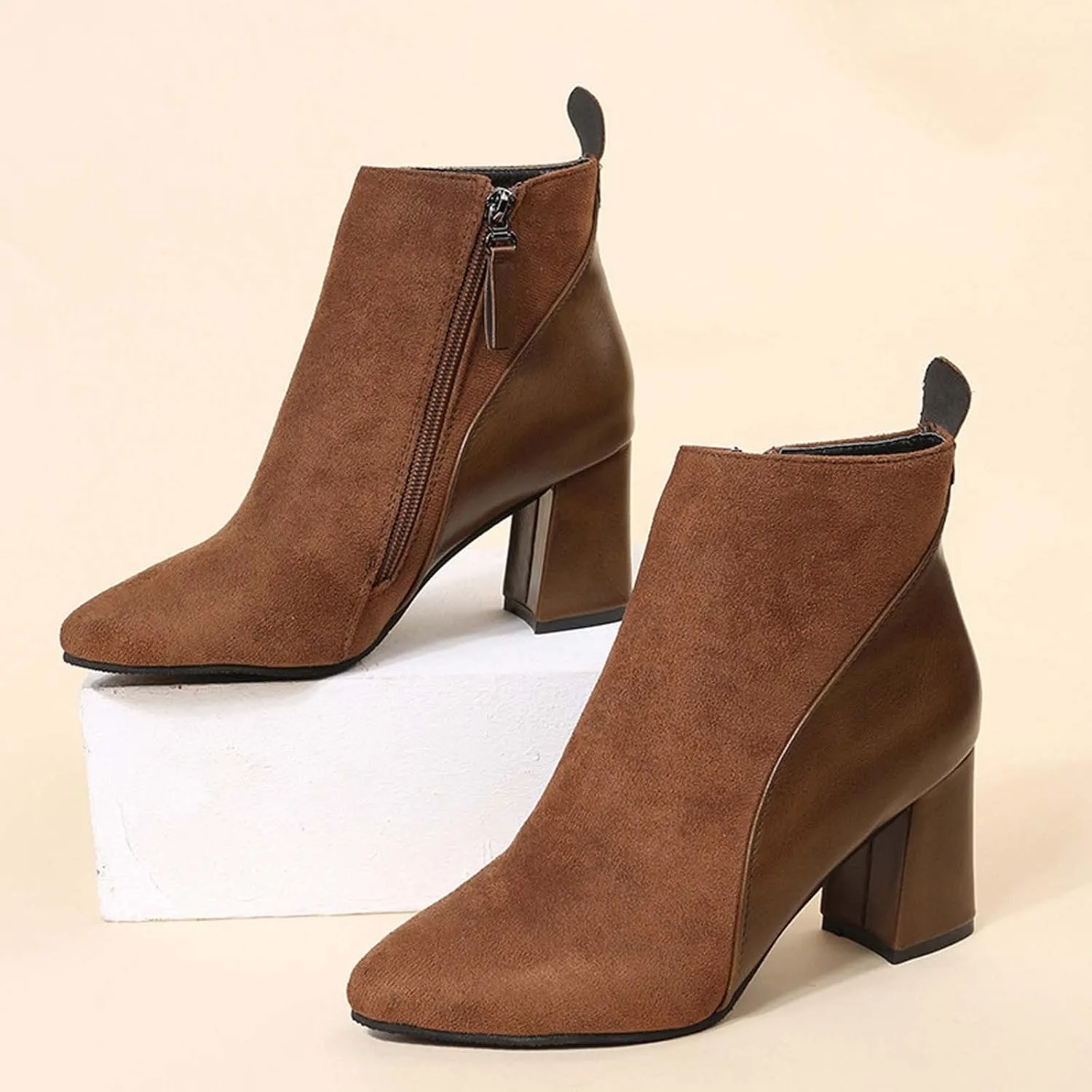 Chunky Boots for Women 2022 Fashion Pointed Toe Suede Patchwork Side Zipper Block High Heel Ankle Booties Fall Winter Casual Outdoor Ladies Shoes