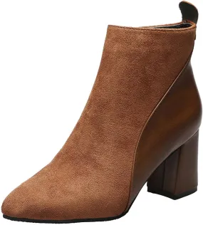 Chunky Boots for Women 2022 Fashion Pointed Toe Suede Patchwork Side Zipper Block High Heel Ankle Booties Fall Winter Casual Outdoor Ladies Shoes