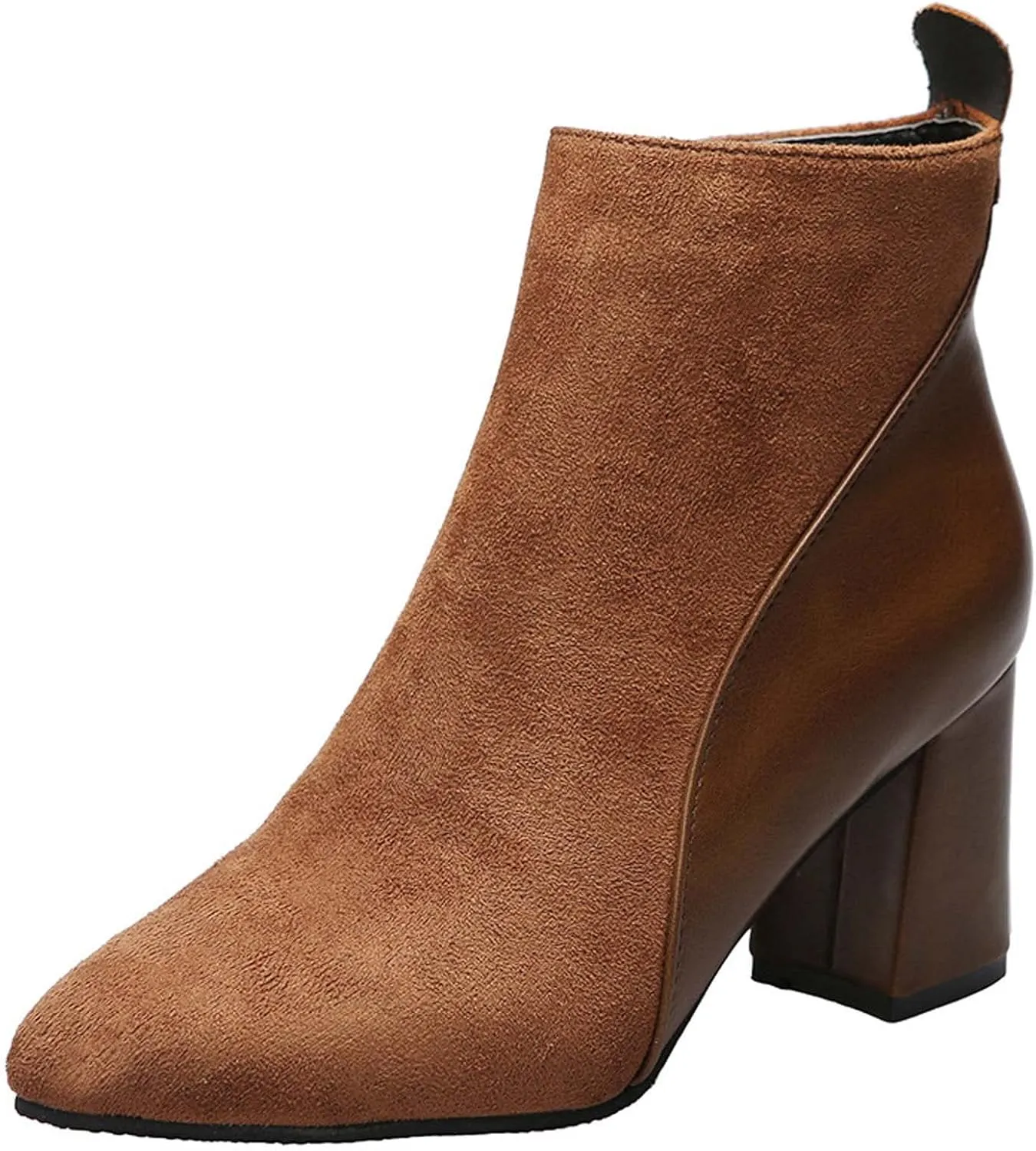 Chunky Boots for Women 2022 Fashion Pointed Toe Suede Patchwork Side Zipper Block High Heel Ankle Booties Fall Winter Casual Outdoor Ladies Shoes