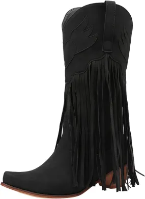 Cowboy Boots for Women Mid Calf Fringe Cowgirl Boots Fringe Western Low Heel Boots Wide Calf Riding Cowboy Boots