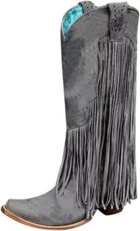 Cowboy Boots for Women Mid Calf Fringe Cowgirl Boots Fringe Western Low Heel Boots Wide Calf Riding Cowboy Boots
