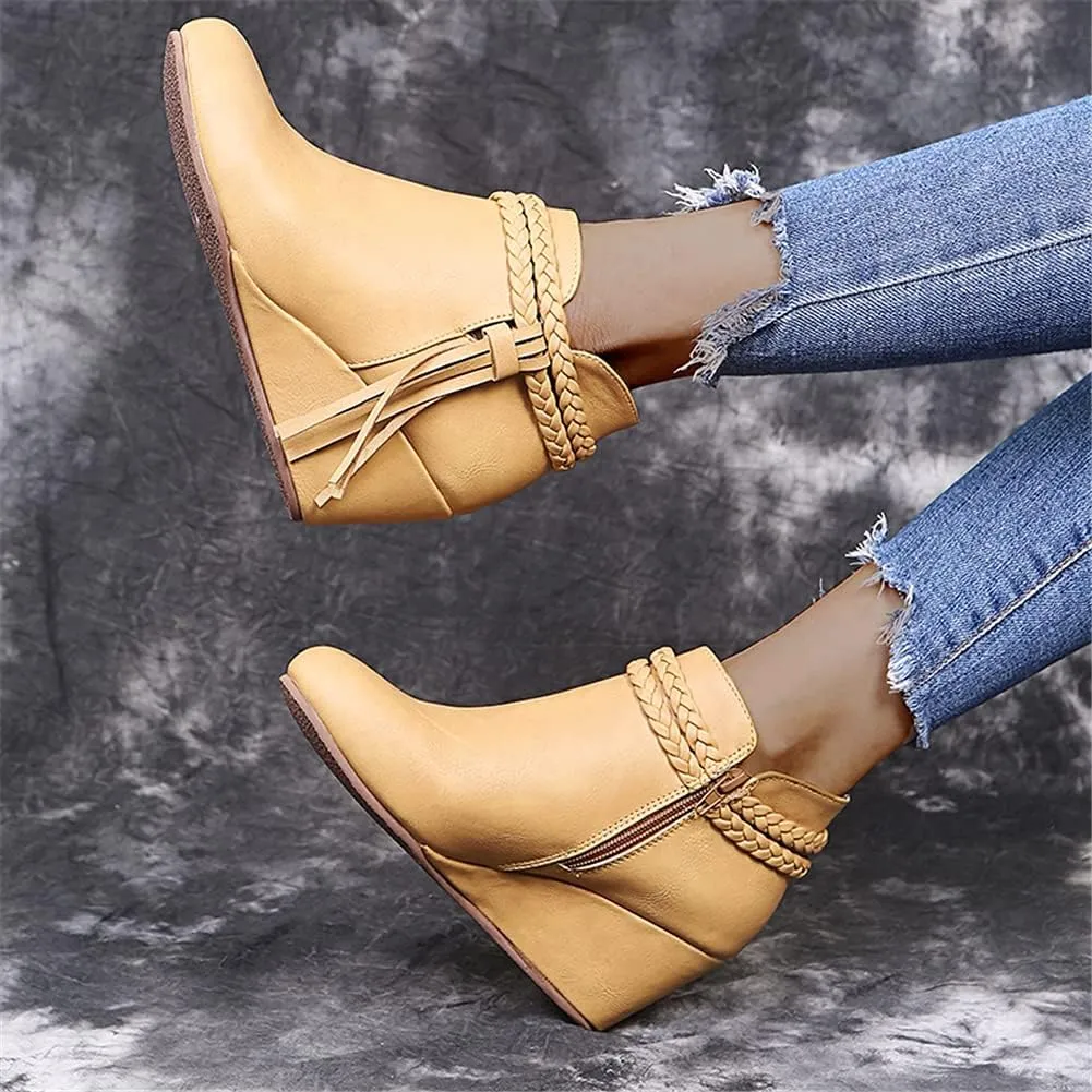 JFISQ Wedge Platform Walking Boots for Ladies, Lace-Up Comfy Flat-Bottomed Heel Boots Fringed Calf Boots Women Waterproof Casual Leather Short Booties Low Zipper Ankle Boots