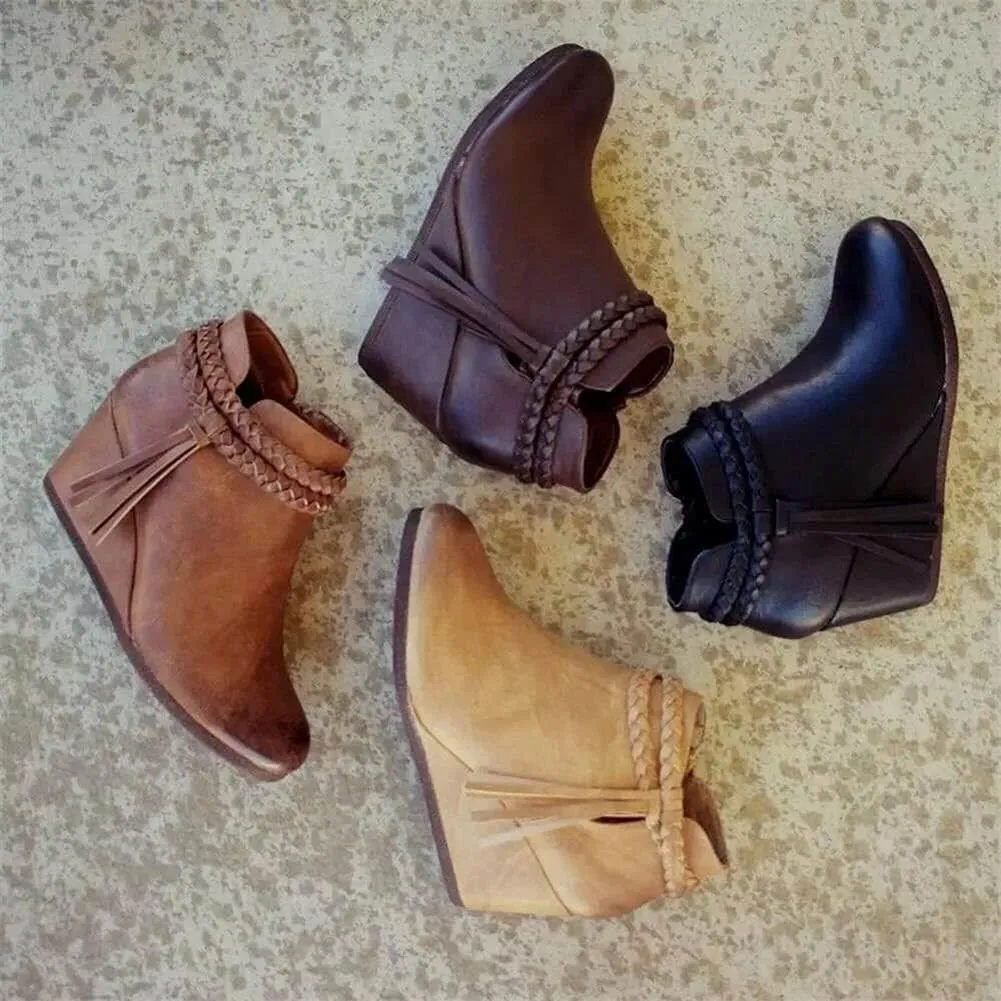 JFISQ Wedge Platform Walking Boots for Ladies, Lace-Up Comfy Flat-Bottomed Heel Boots Fringed Calf Boots Women Waterproof Casual Leather Short Booties Low Zipper Ankle Boots