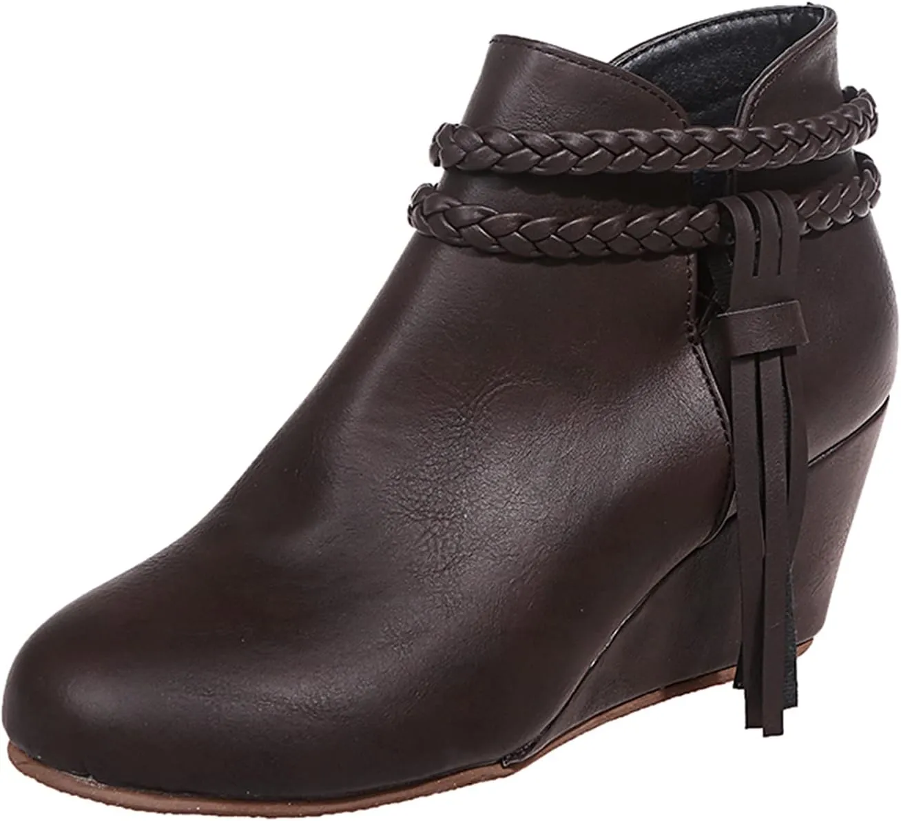 JFISQ Wedge Platform Walking Boots for Ladies, Lace-Up Comfy Flat-Bottomed Heel Boots Fringed Calf Boots Women Waterproof Casual Leather Short Booties Low Zipper Ankle Boots