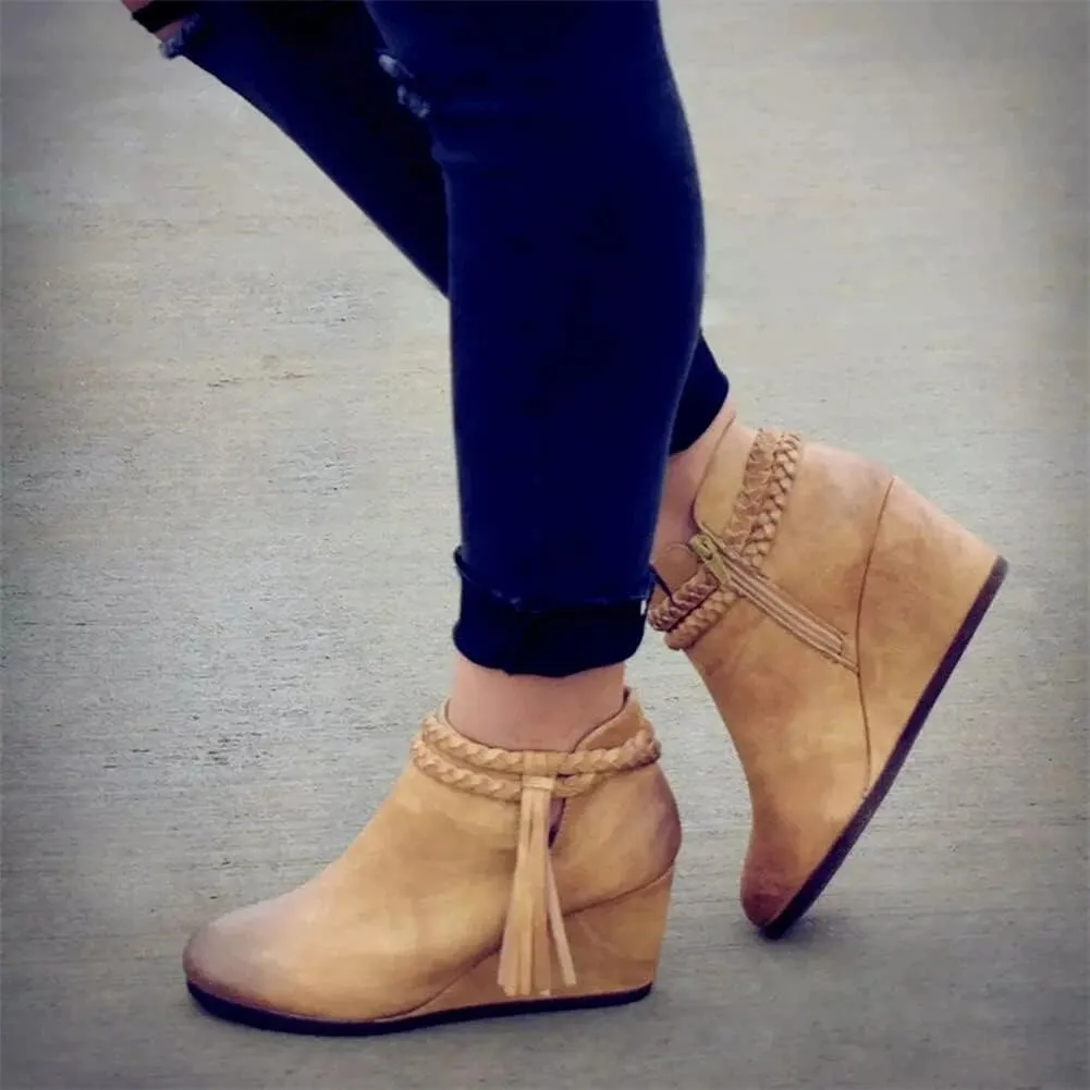 JFISQ Wedge Platform Walking Boots for Ladies, Lace-Up Comfy Flat-Bottomed Heel Boots Fringed Calf Boots Women Waterproof Casual Leather Short Booties Low Zipper Ankle Boots