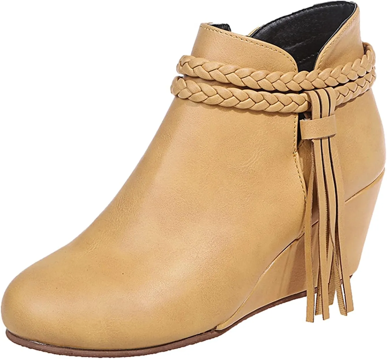 JFISQ Wedge Platform Walking Boots for Ladies, Lace-Up Comfy Flat-Bottomed Heel Boots Fringed Calf Boots Women Waterproof Casual Leather Short Booties Low Zipper Ankle Boots