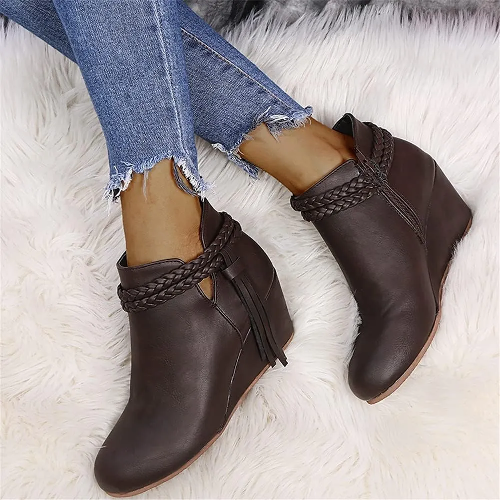 JFISQ Wedge Platform Walking Boots for Ladies, Lace-Up Comfy Flat-Bottomed Heel Boots Fringed Calf Boots Women Waterproof Casual Leather Short Booties Low Zipper Ankle Boots