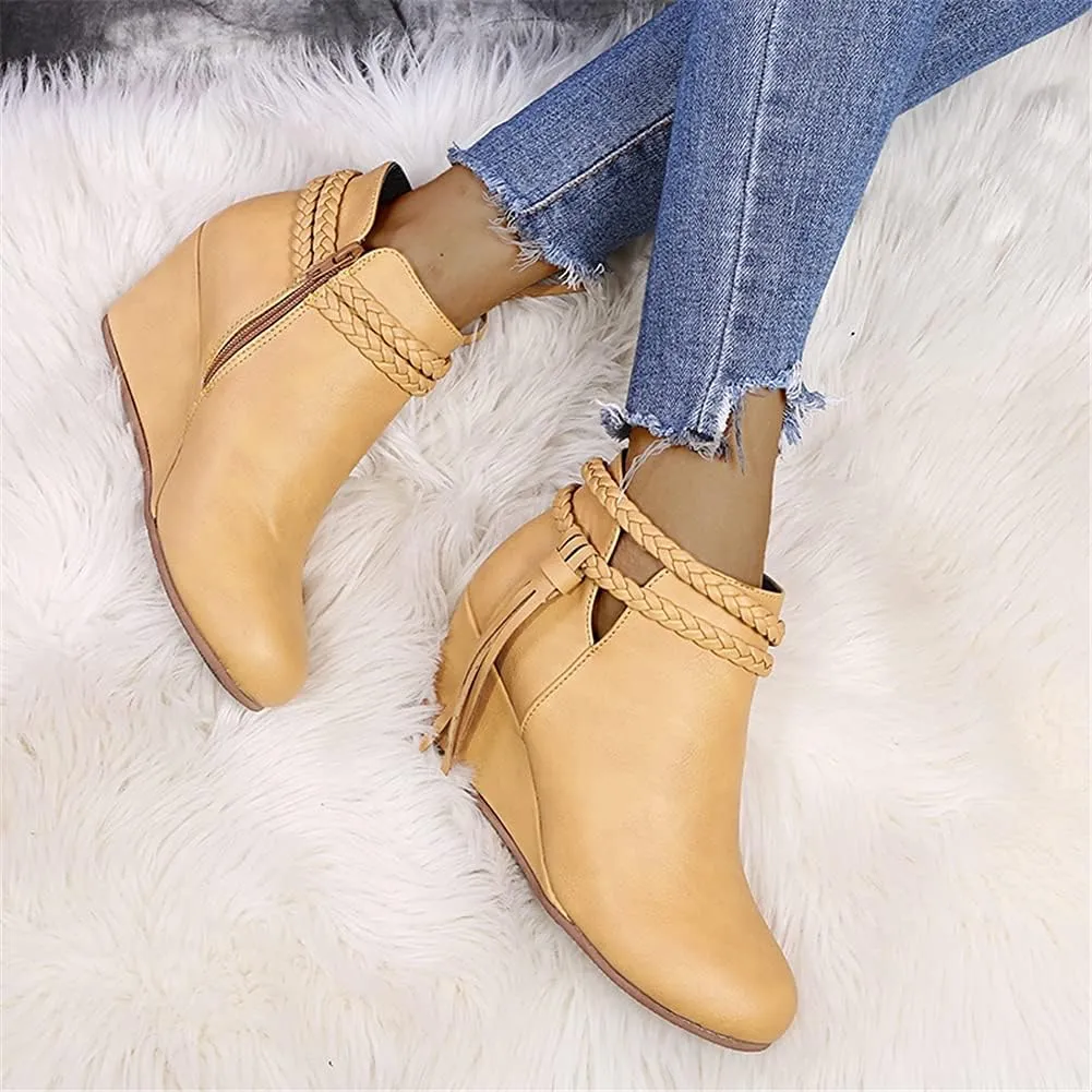 JFISQ Wedge Platform Walking Boots for Ladies, Lace-Up Comfy Flat-Bottomed Heel Boots Fringed Calf Boots Women Waterproof Casual Leather Short Booties Low Zipper Ankle Boots