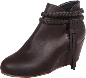 JFISQ Wedge Platform Walking Boots for Ladies, Lace-Up Comfy Flat-Bottomed Heel Boots Fringed Calf Boots Women Waterproof Casual Leather Short Booties Low Zipper Ankle Boots