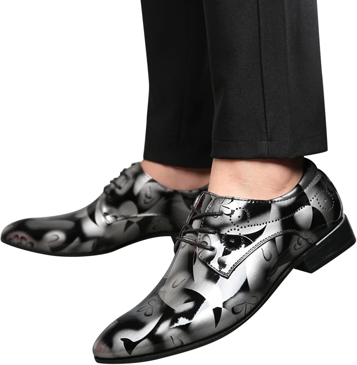 Men Fashion Dress Business Shoe Lace Up Slip On Walking Shoes Pointed Toe Floral Print Leather Low Heel Oxford Sneaker