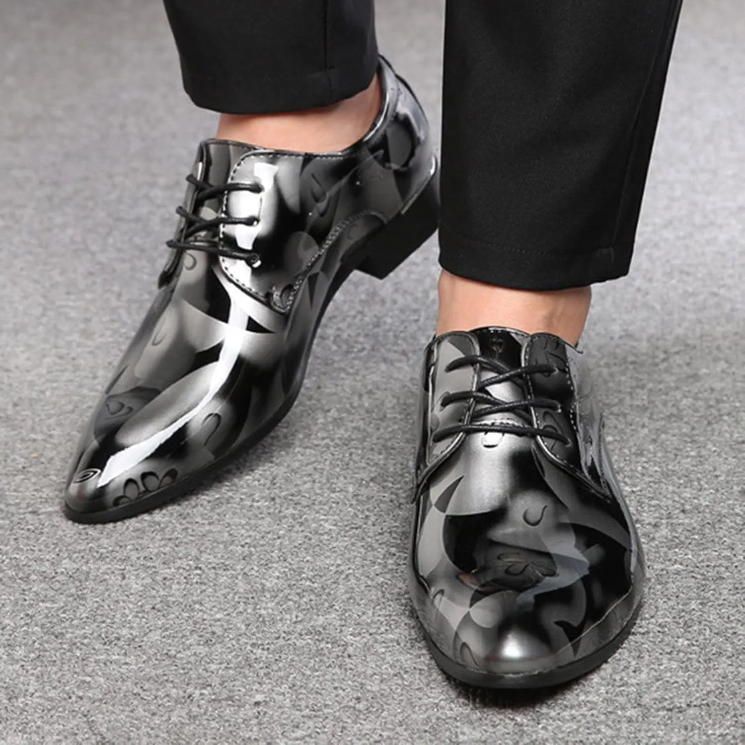 Men Fashion Dress Business Shoe Lace Up Slip On Walking Shoes Pointed Toe Floral Print Leather Low Heel Oxford Sneaker