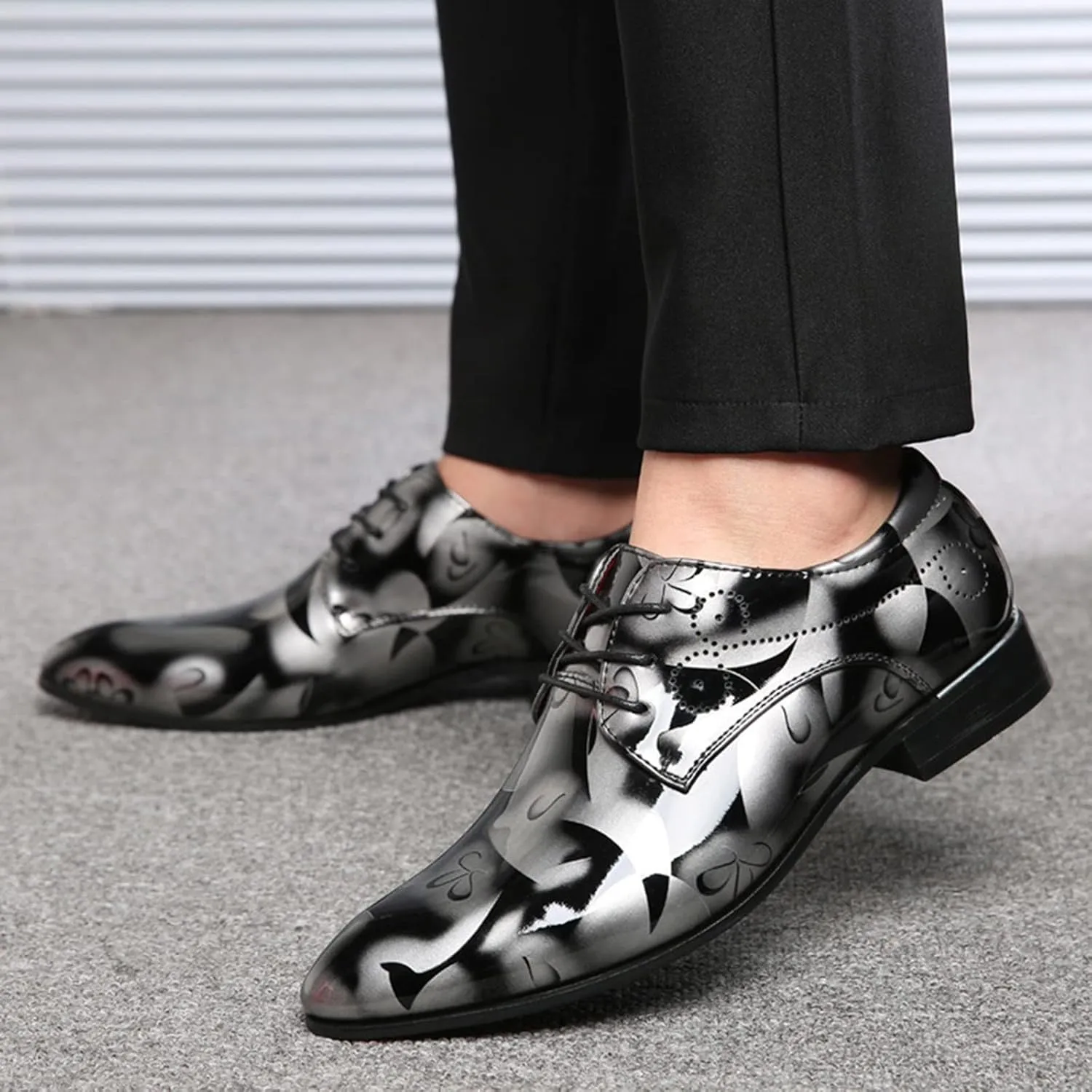 Men Fashion Dress Business Shoe Lace Up Slip On Walking Shoes Pointed Toe Floral Print Leather Low Heel Oxford Sneaker