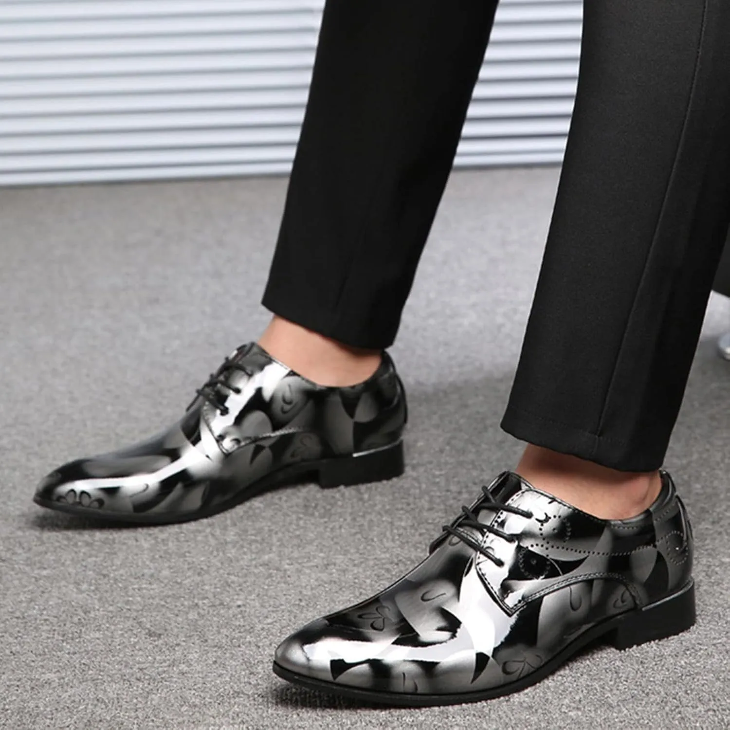 Men Fashion Dress Business Shoe Lace Up Slip On Walking Shoes Pointed Toe Floral Print Leather Low Heel Oxford Sneaker