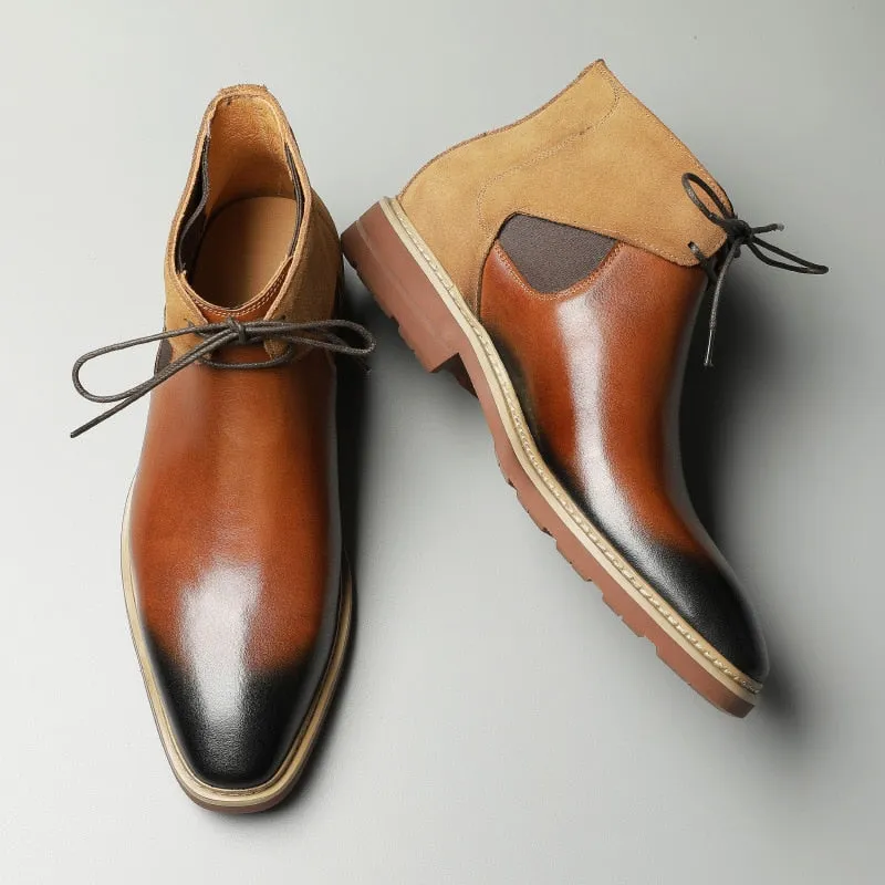 Men Winter Chelsea Boots Genuine Leather Mens Platform Brogue Casual Ankle Flat Shoes Laces Up Dress Designer Brand Boots