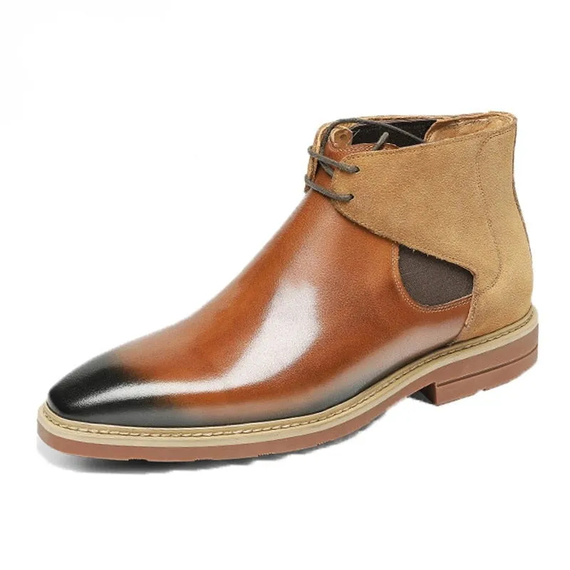 Men Winter Chelsea Boots Genuine Leather Mens Platform Brogue Casual Ankle Flat Shoes Laces Up Dress Designer Brand Boots