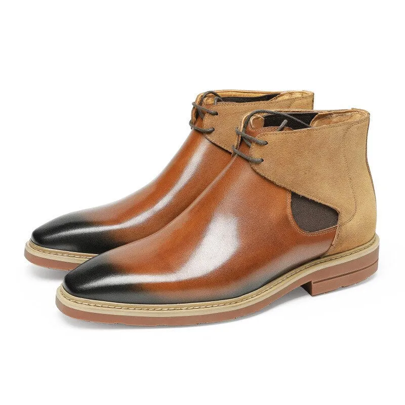 Men Winter Chelsea Boots Genuine Leather Mens Platform Brogue Casual Ankle Flat Shoes Laces Up Dress Designer Brand Boots