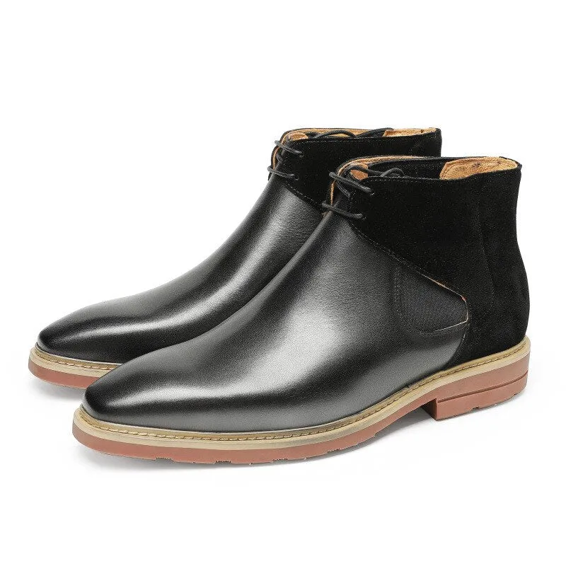 Men Winter Chelsea Boots Genuine Leather Mens Platform Brogue Casual Ankle Flat Shoes Laces Up Dress Designer Brand Boots