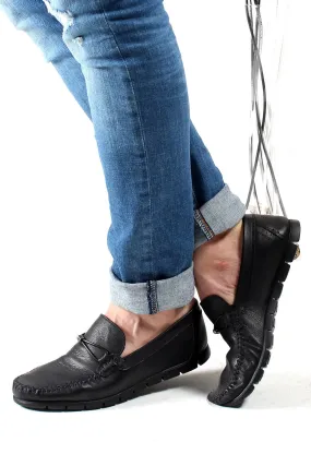 Men's Black Leather Driving Loafers-Wessi