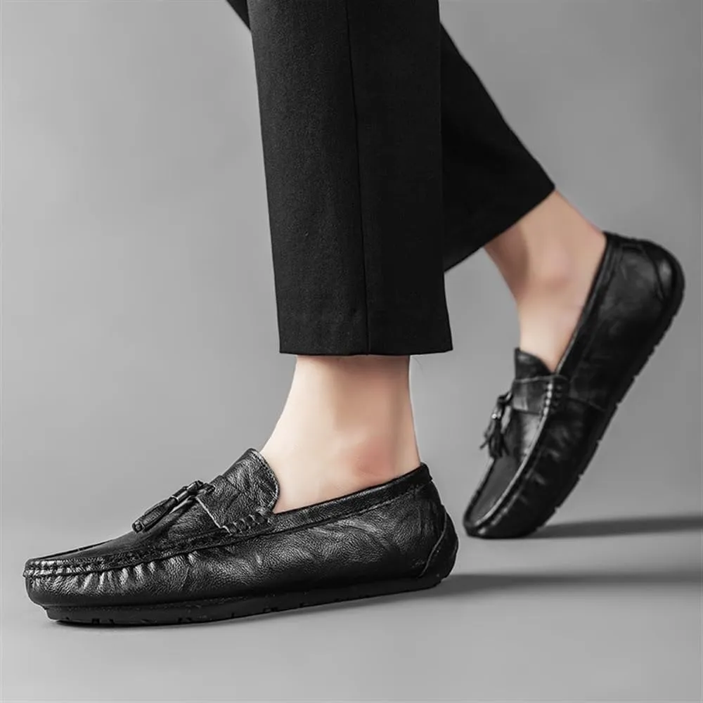 Men's Black Tassels Leather Loafers Classic Fashion Flats Slip-On Smoking Loafers Business Casual Formal Work Shoes Non-Slip Comfortable Shoes