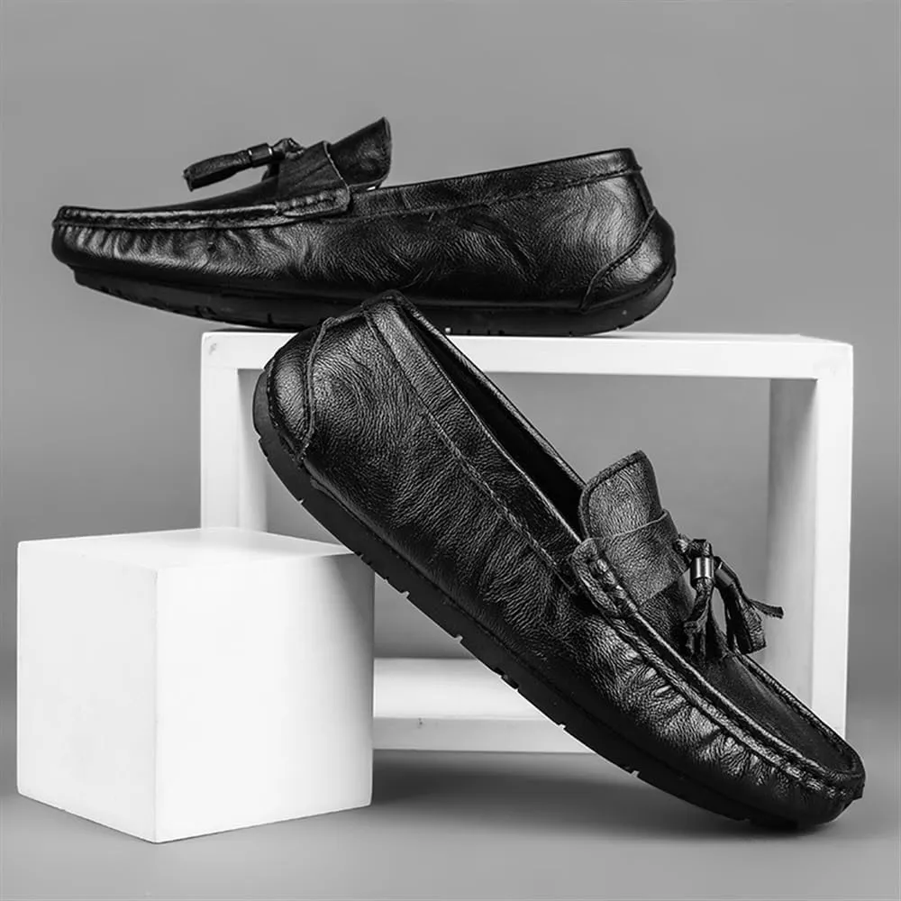 Men's Black Tassels Leather Loafers Classic Fashion Flats Slip-On Smoking Loafers Business Casual Formal Work Shoes Non-Slip Comfortable Shoes