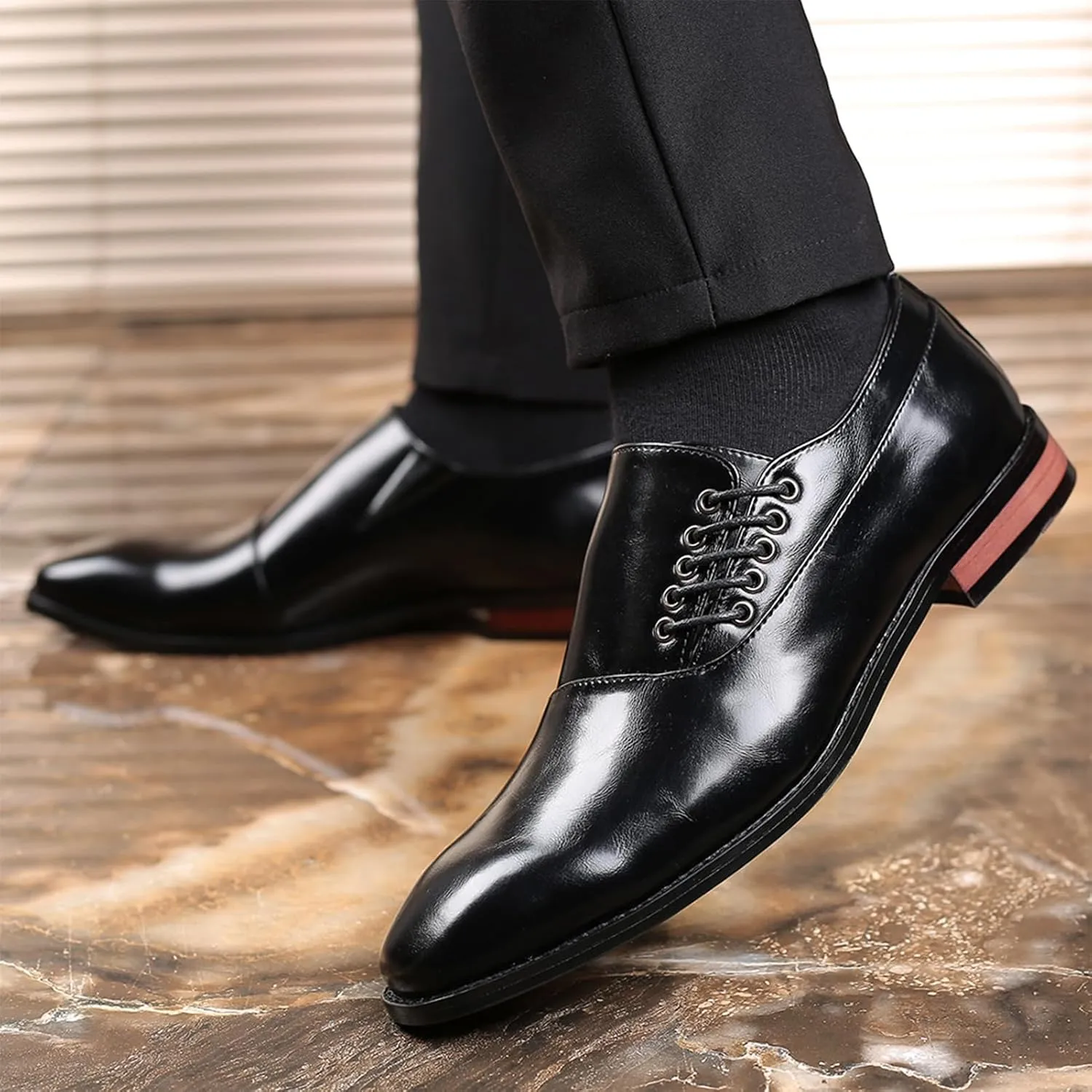 Mens Lace-Up Shoes Pointed Toe Glossy Formal Shoes Men Leather Shoes for Men Slip On PU Leather Low Rubber Sole Block Heel Work Shoes Men Oxford Formal Dress Shoes