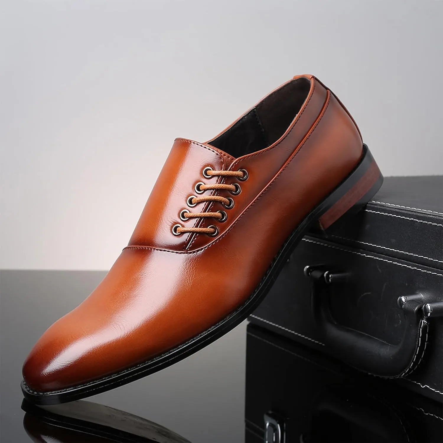 Mens Lace-Up Shoes Pointed Toe Glossy Formal Shoes Men Leather Shoes for Men Slip On PU Leather Low Rubber Sole Block Heel Work Shoes Men Oxford Formal Dress Shoes