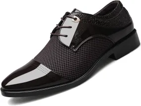 Men's Patent Leather Formal Oxfords Fashion Splicing Pointed Toe Lace Up Dress Derby Shoes Classic Business Work Formal Shoes