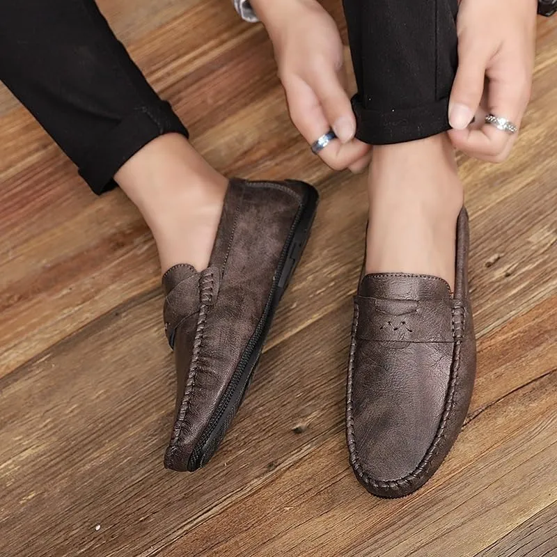 Men's Vegan Leather Loafers - Solid Color Round Toe Flexible Slip-Ons with Flat Heel, Resistant for Wedding, Outdoor, and Casual Wear