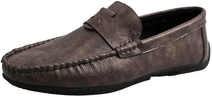 Men's Vegan Leather Loafers - Solid Color Round Toe Flexible Slip-Ons with Flat Heel, Resistant for Wedding, Outdoor, and Casual Wear