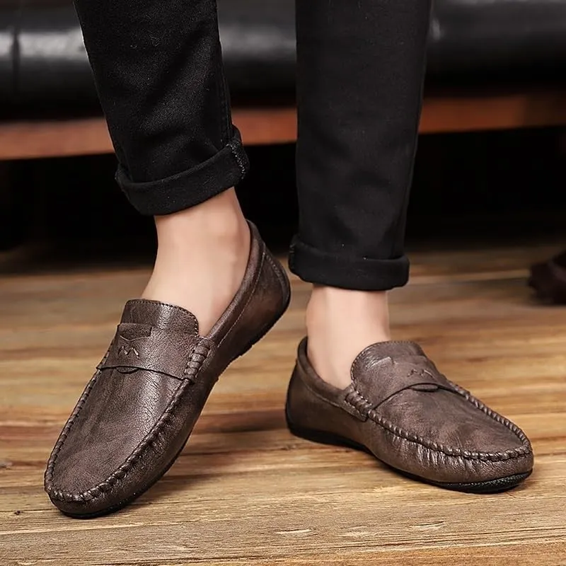 Men's Vegan Leather Loafers - Solid Color Round Toe Flexible Slip-Ons with Flat Heel, Resistant for Wedding, Outdoor, and Casual Wear
