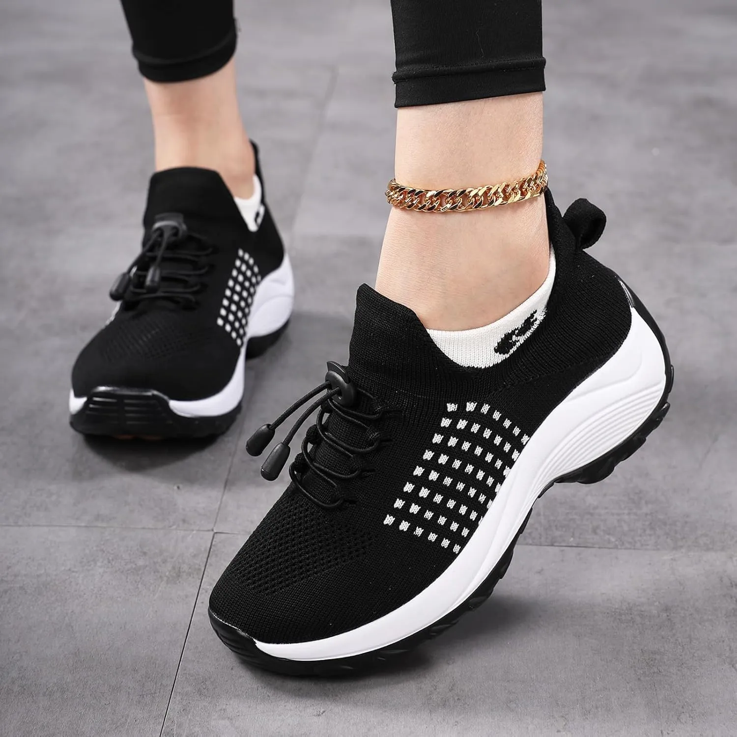 Orthopedic Sneakers Breathable Women Walking Shoes Slip On Trainers Breathable Knit Mesh Lace-Up Sneakers Comfortable Stretch Cushion Athletic Shoes for Women