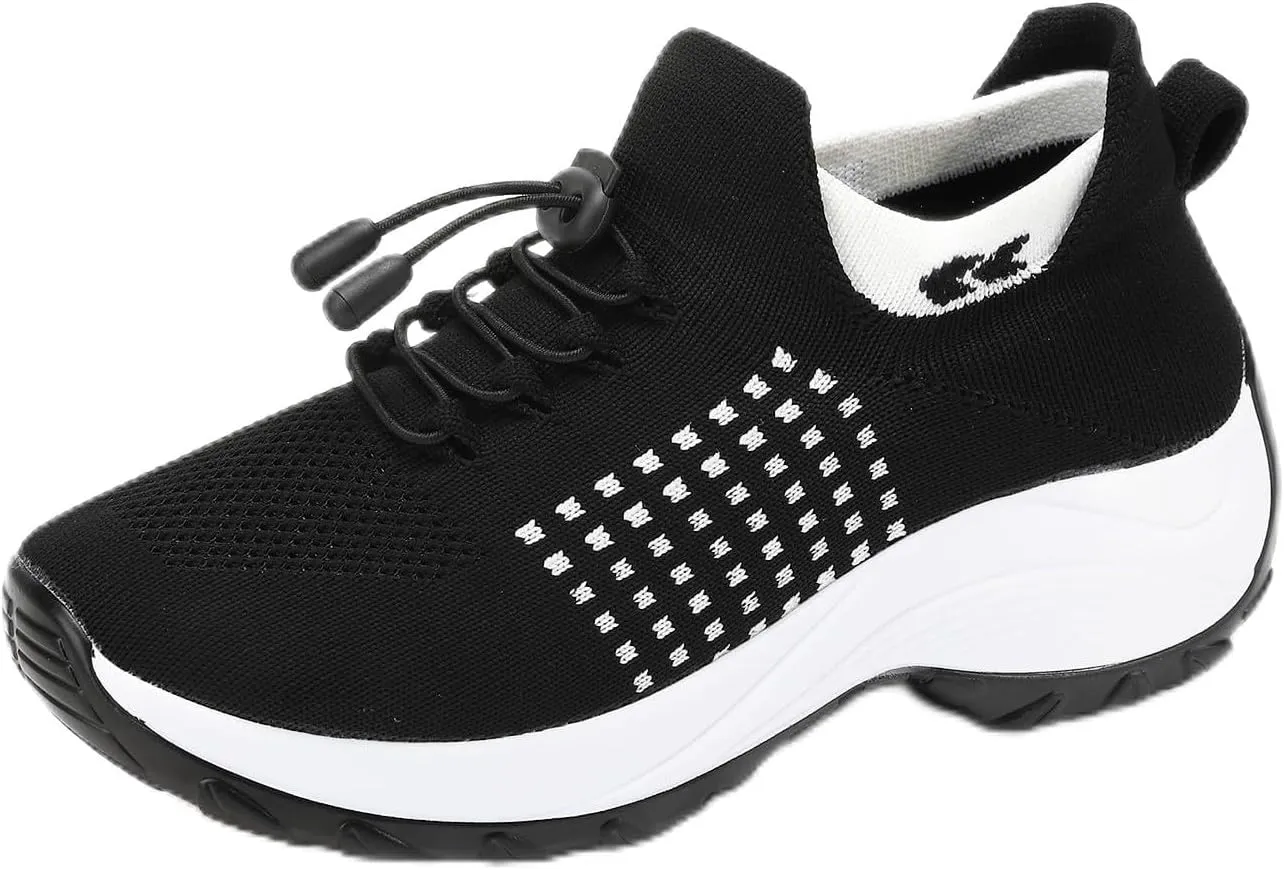 Orthopedic Sneakers Breathable Women Walking Shoes Slip On Trainers Breathable Knit Mesh Lace-Up Sneakers Comfortable Stretch Cushion Athletic Shoes for Women