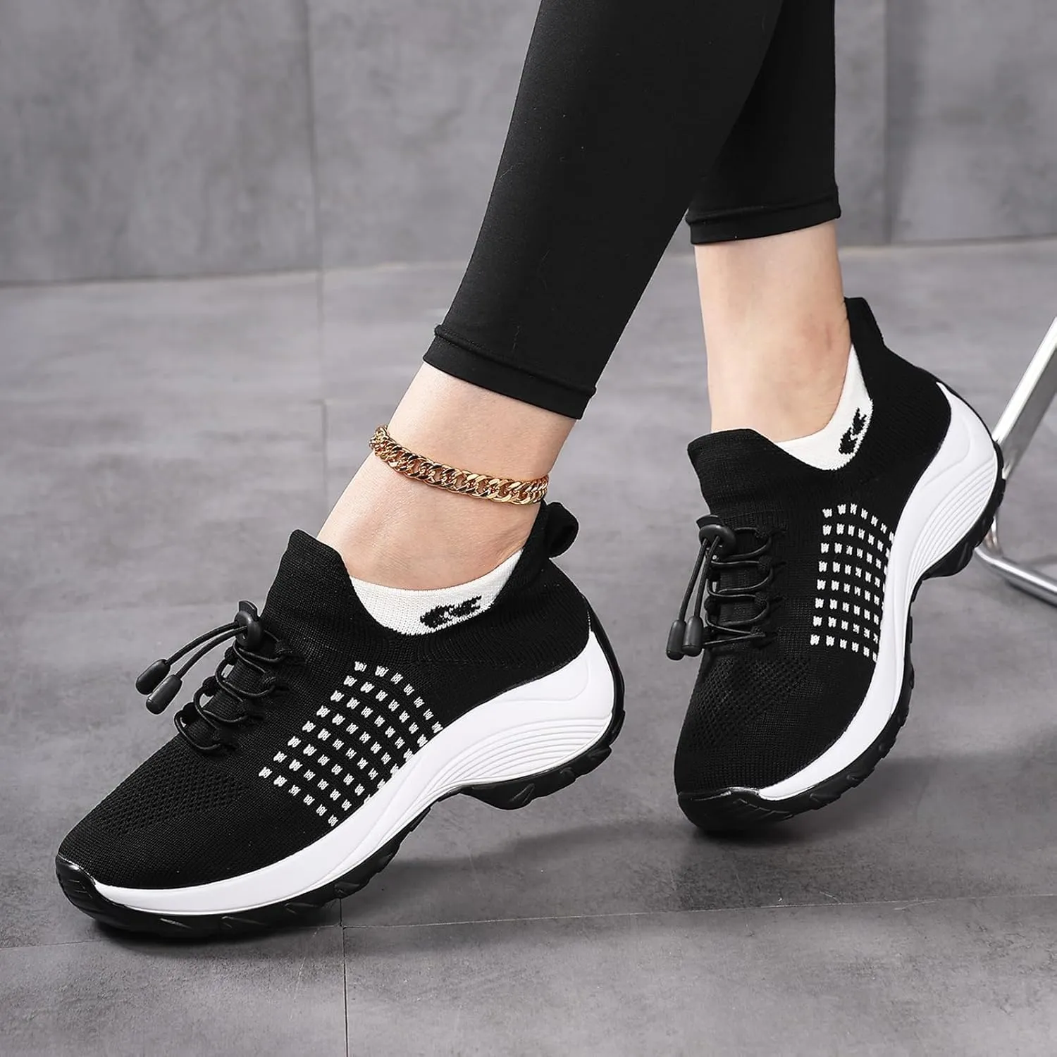 Orthopedic Sneakers Breathable Women Walking Shoes Slip On Trainers Breathable Knit Mesh Lace-Up Sneakers Comfortable Stretch Cushion Athletic Shoes for Women