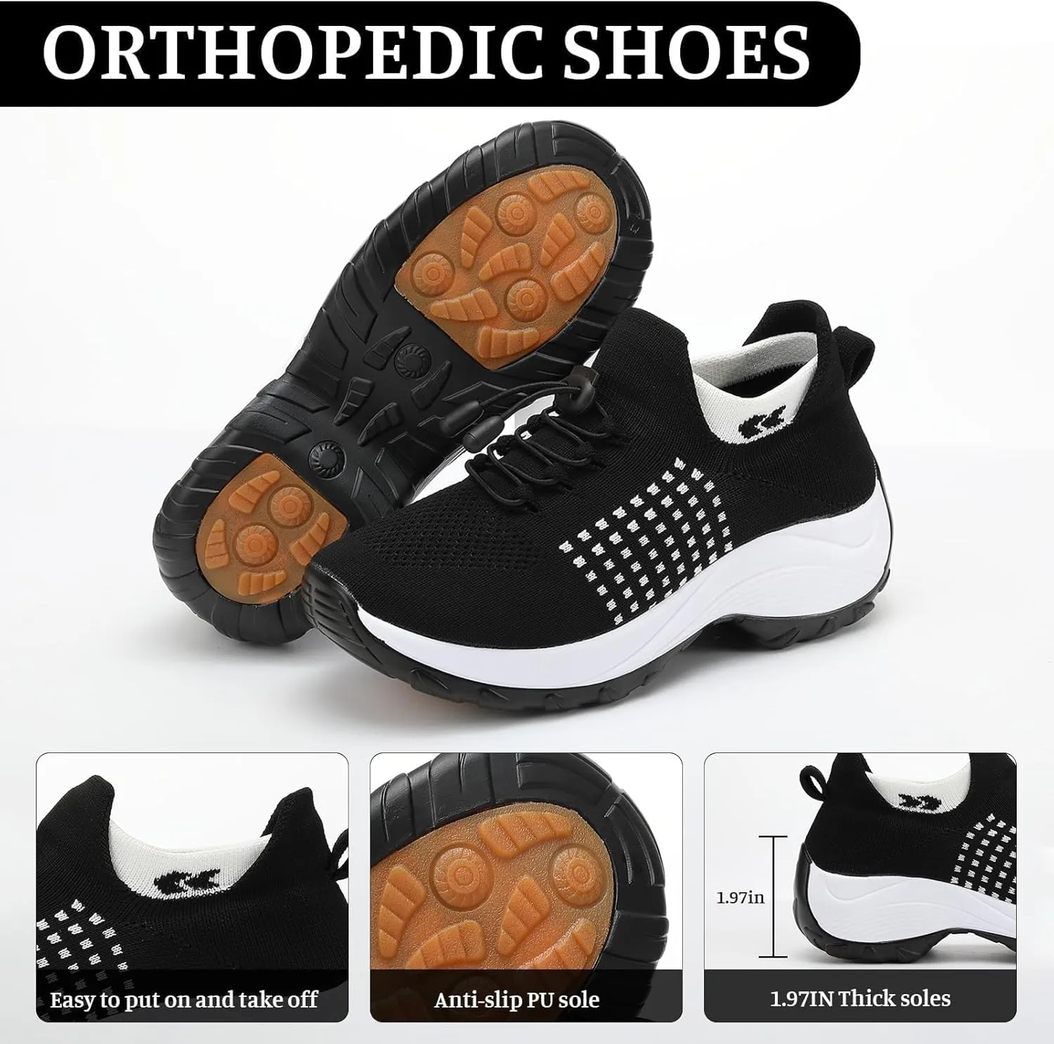 Orthopedic Sneakers Breathable Women Walking Shoes Slip On Trainers Breathable Knit Mesh Lace-Up Sneakers Comfortable Stretch Cushion Athletic Shoes for Women