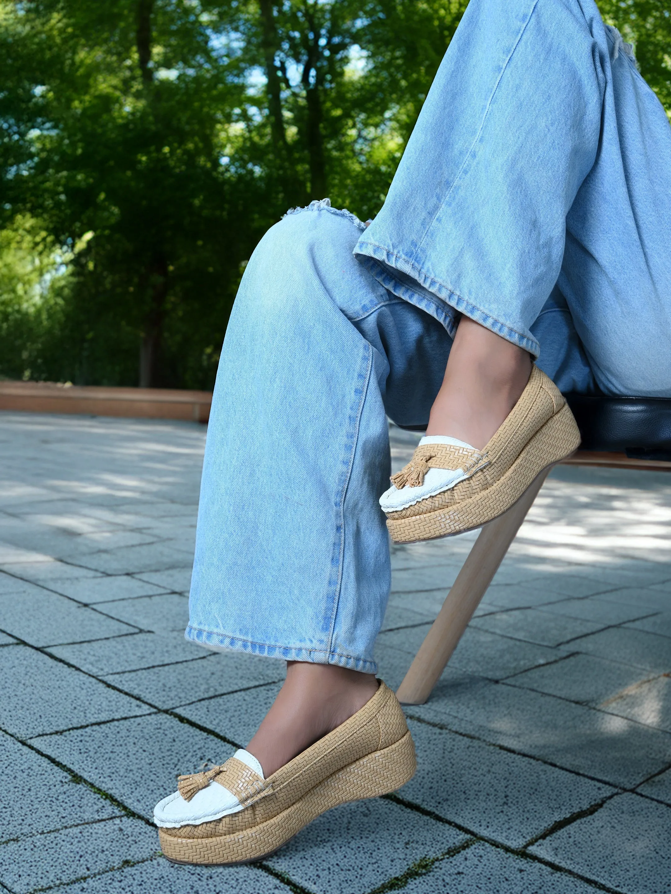 Retrro Textured Vegan Leather Slip-On Beige Loafers