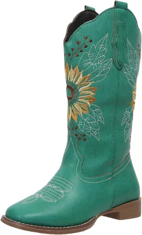 SACFOF Cowboy Boots for Women Sunflower Boots Square Toe Mid Calf Western Embroidery Stitched Low Heel Western Cowgirl Boots