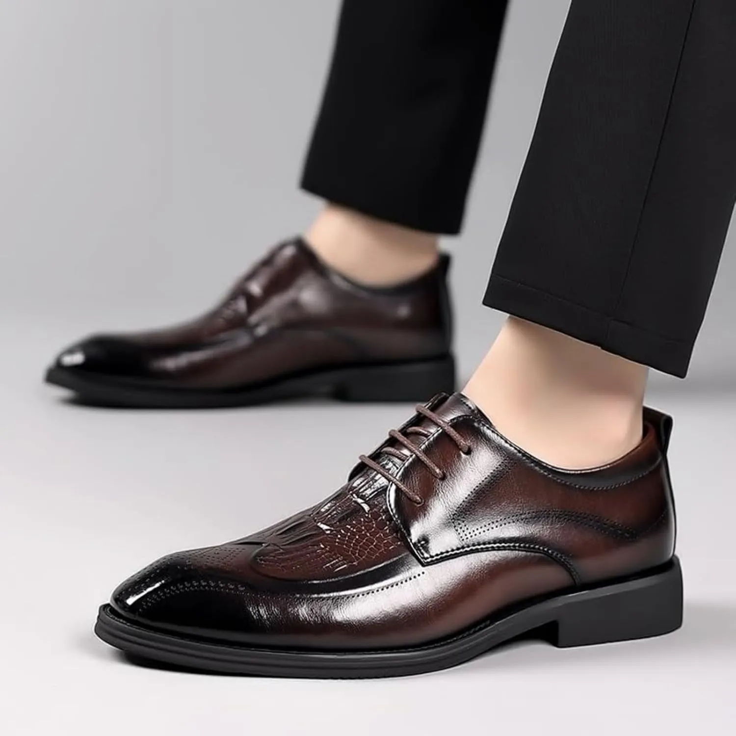 Shoes Dress Oxford for Men Lace Up Round Toe Leather Apron Toe Shoes Genuine Leather Large Size Low Top Pointed Toe Breathable