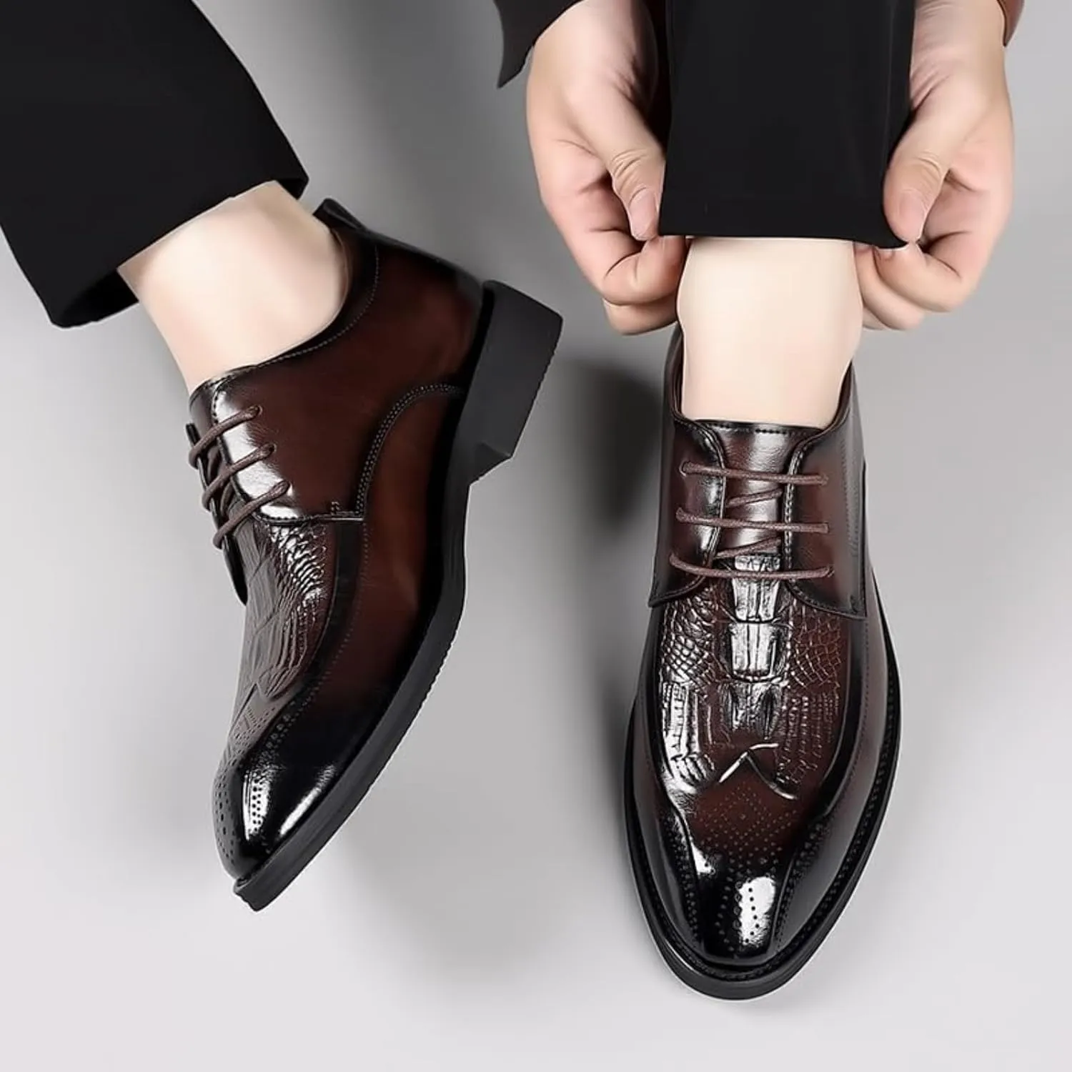 Shoes Dress Oxford for Men Lace Up Round Toe Leather Apron Toe Shoes Genuine Leather Large Size Low Top Pointed Toe Breathable