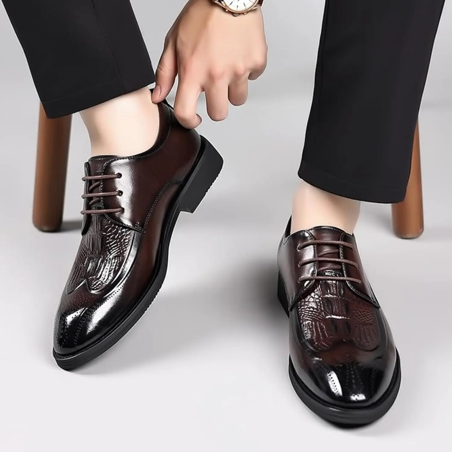 Shoes Dress Oxford for Men Lace Up Round Toe Leather Apron Toe Shoes Genuine Leather Large Size Low Top Pointed Toe Breathable