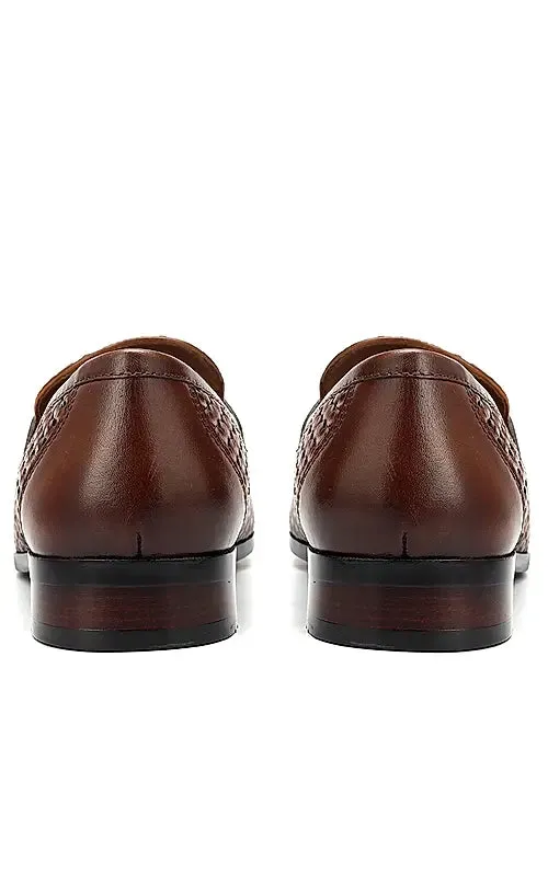 Tan Textured Loafers With Tassels