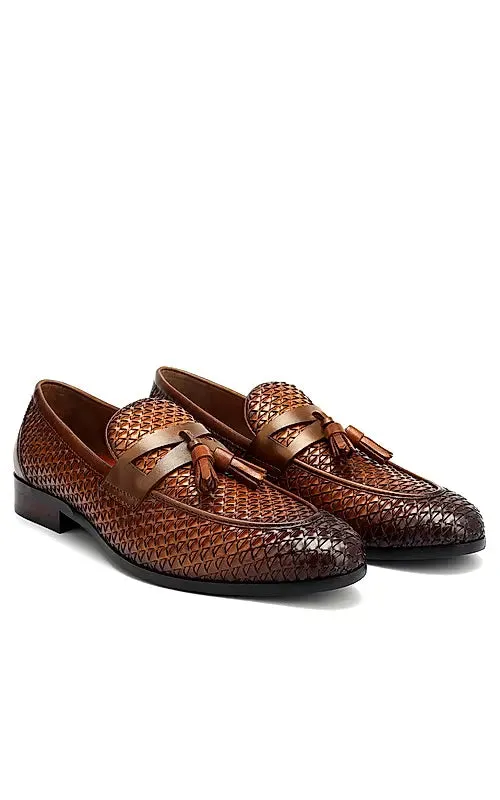 Tan Textured Loafers With Tassels