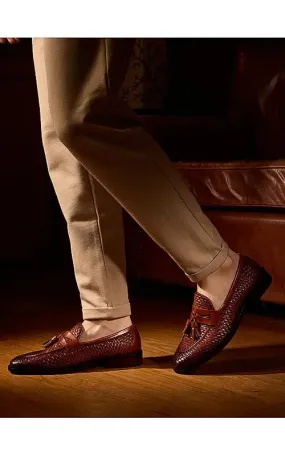 Tan Textured Loafers With Tassels