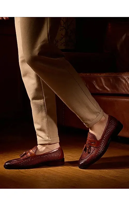 Tan Textured Loafers With Tassels