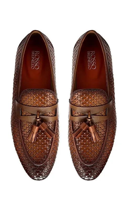 Tan Textured Loafers With Tassels