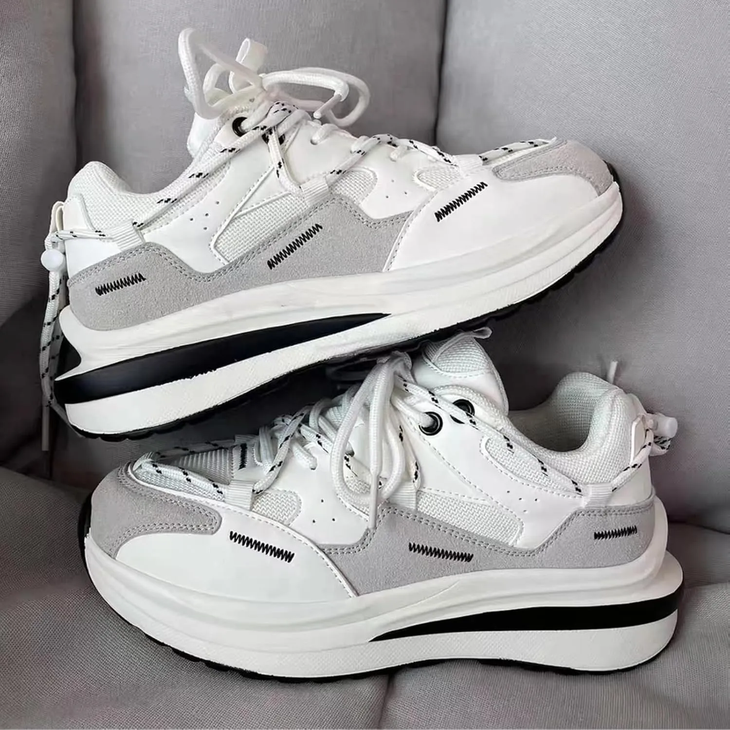 Women's Fashion Platform Sneakers - Lace-up Trainers with Couple Design, Breathable Mesh, Lightweight, and Chunky White Sole for Casual,White-39