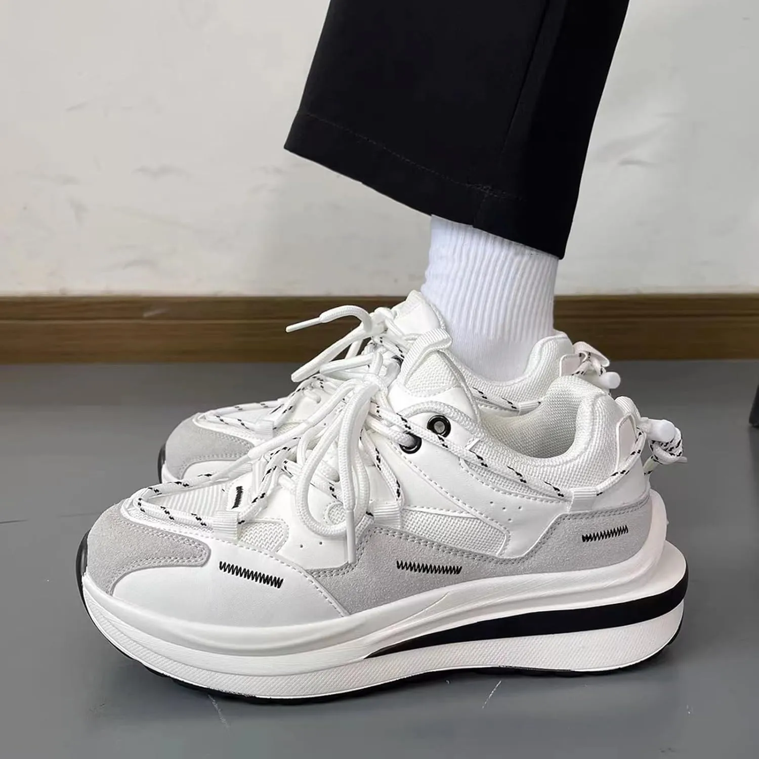 Women's Fashion Platform Sneakers - Lace-up Trainers with Couple Design, Breathable Mesh, Lightweight, and Chunky White Sole for Casual,White-39