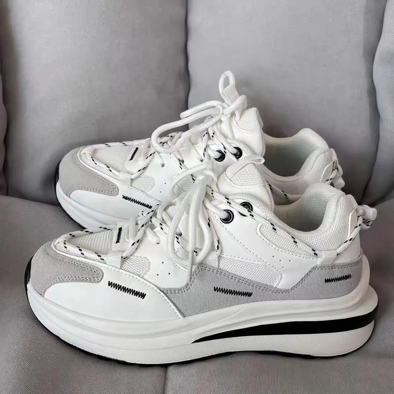Women's Fashion Platform Sneakers - Lace-up Trainers with Couple Design, Breathable Mesh, Lightweight, and Chunky White Sole for Casual,White-39