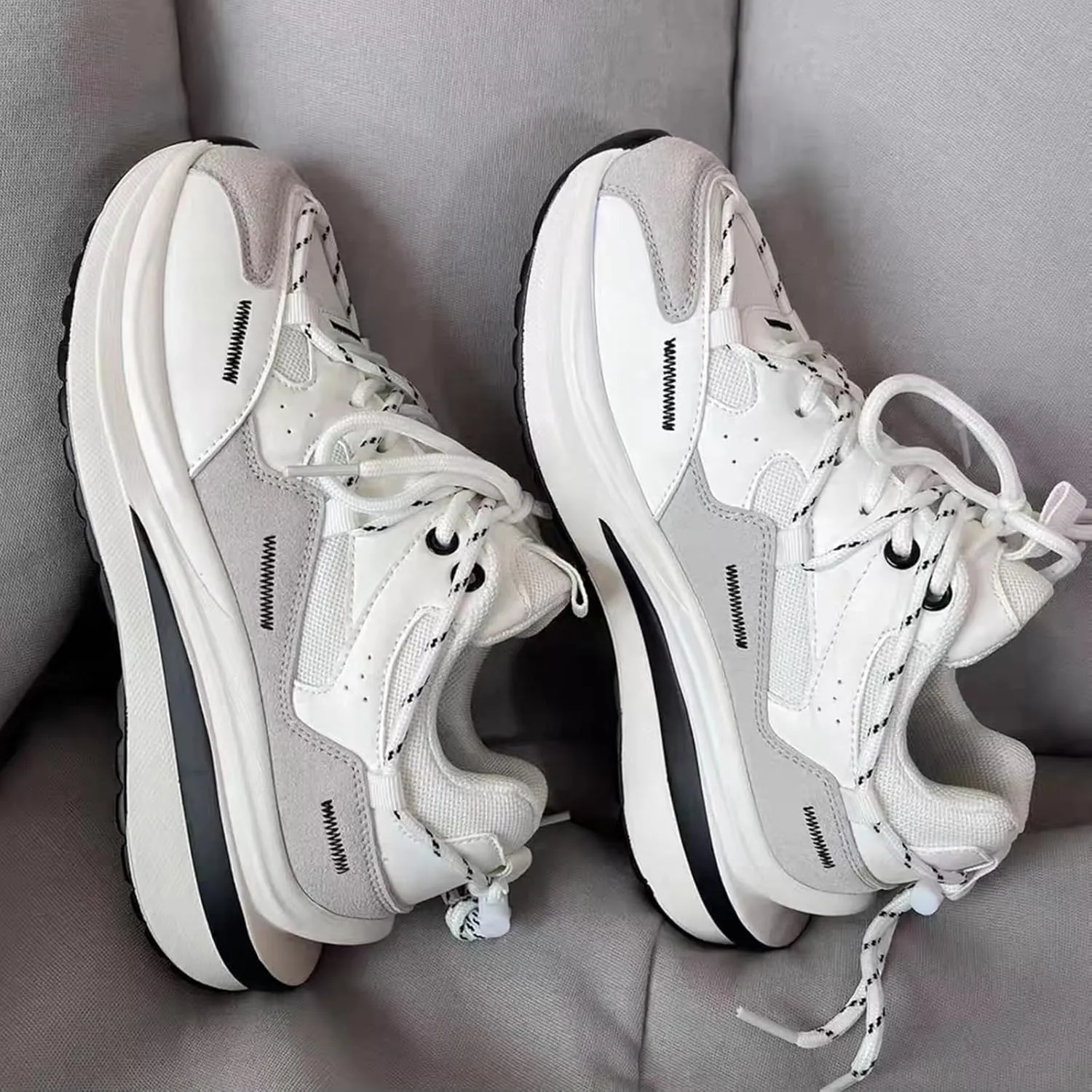 Women's Fashion Platform Sneakers - Lace-up Trainers with Couple Design, Breathable Mesh, Lightweight, and Chunky White Sole for Casual,White-39